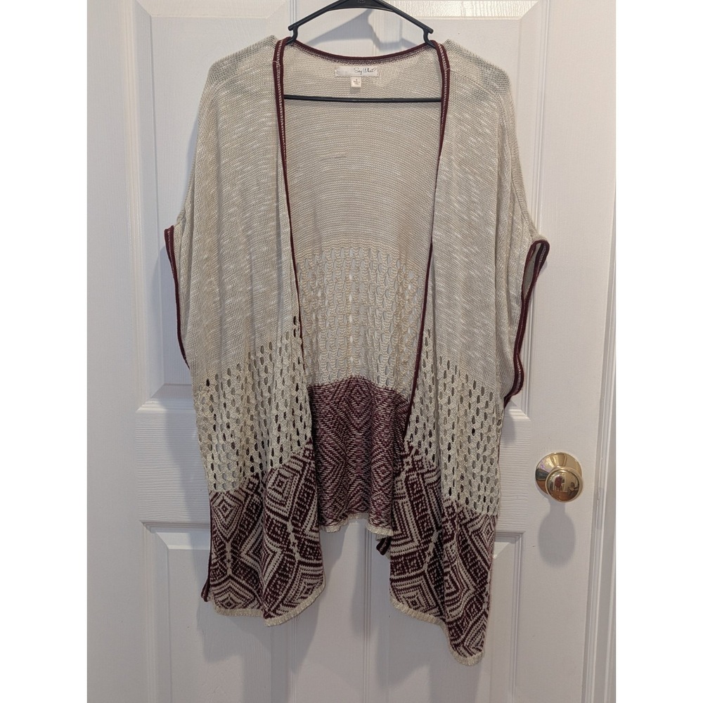 Boho Cottagecore Open Knit Kimono Cardigan Cream Burgundy Festival Wrap
